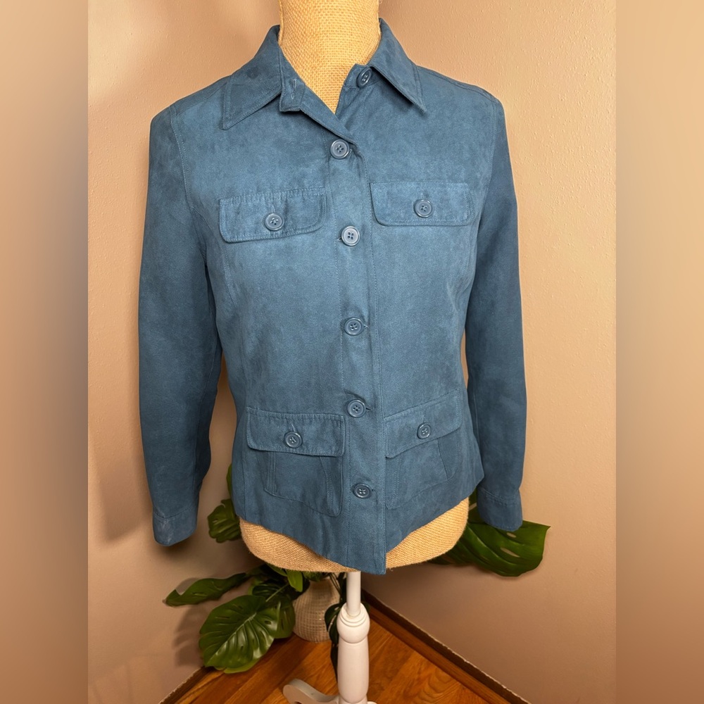 Vintage Faux Suede Studio Works Teal Utility Jacket Blazer Petite Size 4
